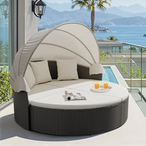 Outdoor Daybed Furniture - ชุดเฟอร์นิเจอร์ระเบียงกลางแจ้ง เตียงนอนทรงกลมพร้อมหลังคาพับเก็บได้ วัสดุหวายสาน โซฟาแบบแยกส่วนสำหรับระเบียง
