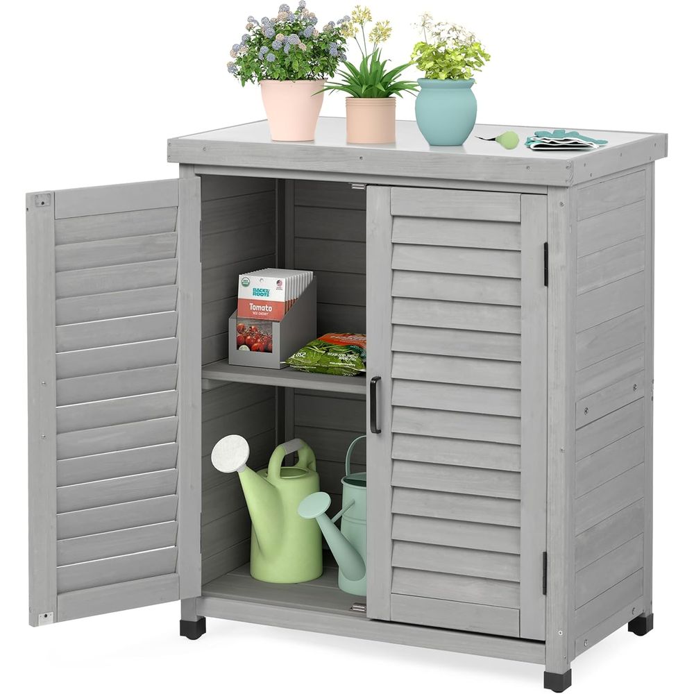 Outdoor Furniture With Storage - ตู้เก็บของกลางแจ้งและโต๊ะวางกระถางต้นไม้ ท็อปโลหะ เฟอร์นิเจอร์ไม้สำหรับลานบ้าน โต๊ะทำงานในสวน สีเทา 36x31x17