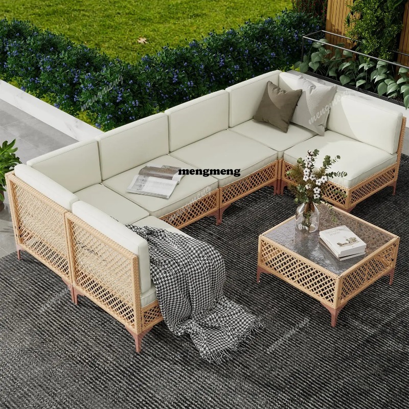 Outdoor Furniture With Fire Pit Table - ชุดเฟอร์นิเจอร์สนาม 9 ชิ้น พร้อมโต๊ะเตาผิงขนาดใหญ่ ชุดโซฟาหวายสไตล์โบโฮสำหรับพูดคุยกลางแจ้ง และสามารถปรับแต่งได้