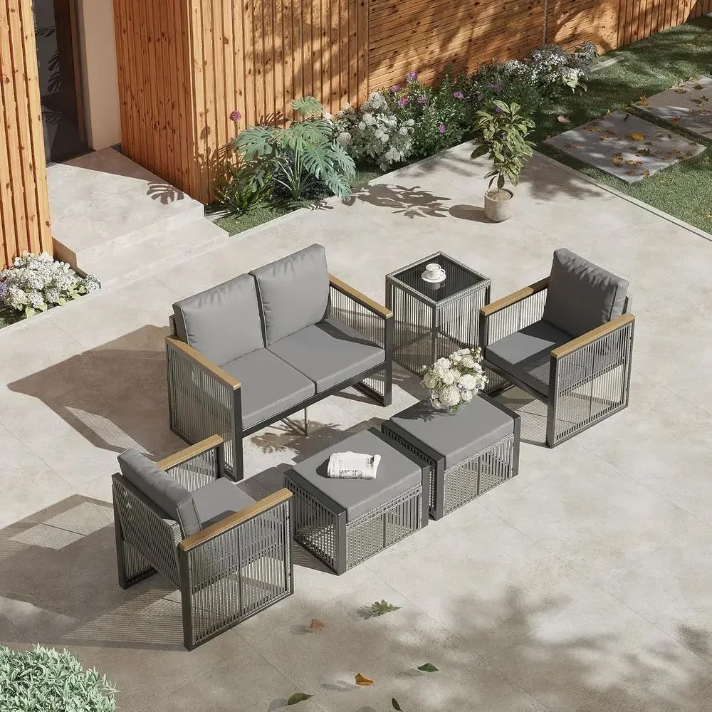 Outdoor Furniture Grey - ชุดเฟอร์นิเจอร์กลางแจ้งสีเทา 6 ชิ้น พร้อมเก้าอี้พักเท้า โต๊ะกาแฟ และโซฟาสองที่นั่ง