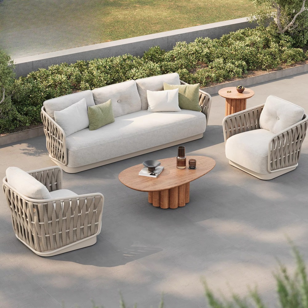 Outdoor Furniture Green - ชุดโซฟาสวนดีไซน์หรูหรา โครงโลหะ พร้อมเชือกถัก ทนทานต่อสภาพอากาศกลางแจ้ง