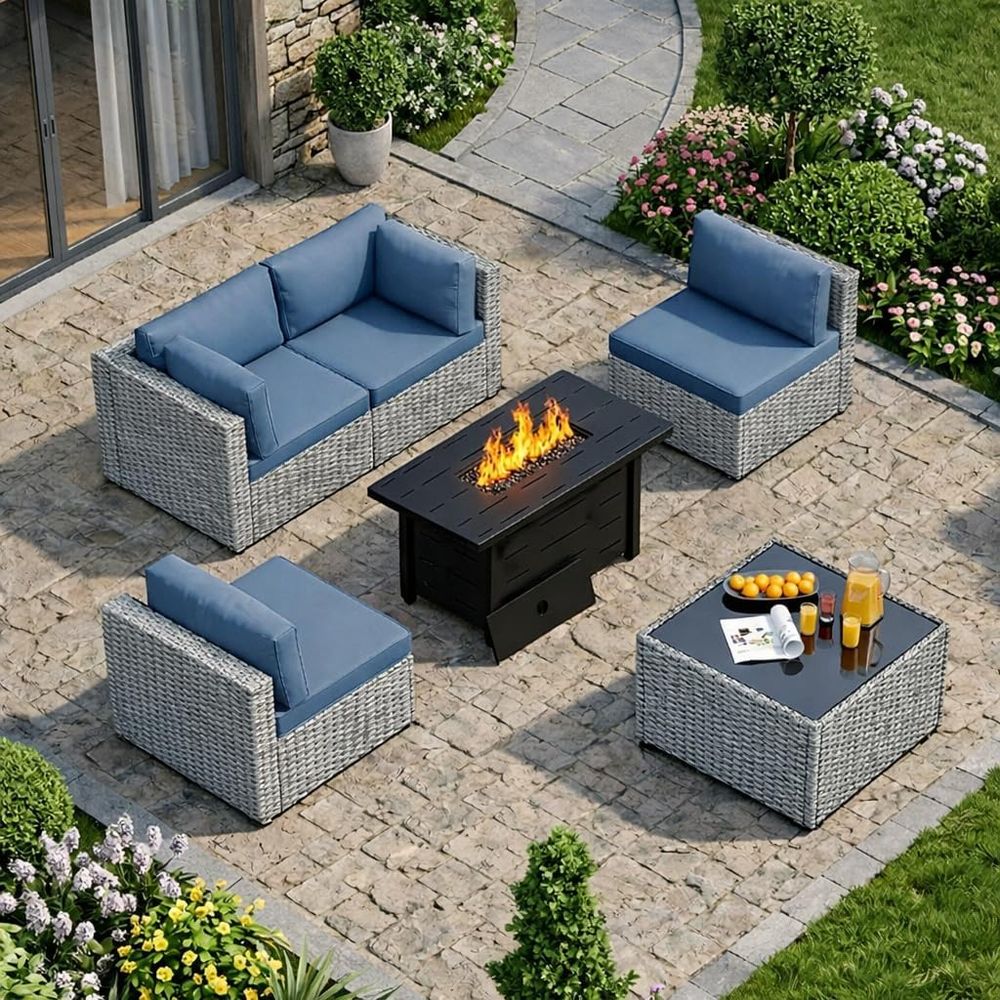 Outdoor Furniture With Fire Pit Table - ชุดเฟอร์นิเจอร์ลานกลางแจ้ง 5 ชิ้น พร้อมโต๊ะเตาไฟ ชุดโซฟาหวายสีเงินพร้อมเบาะสีฟ้า เหมาะสำหรับสนามหลังบ้าน