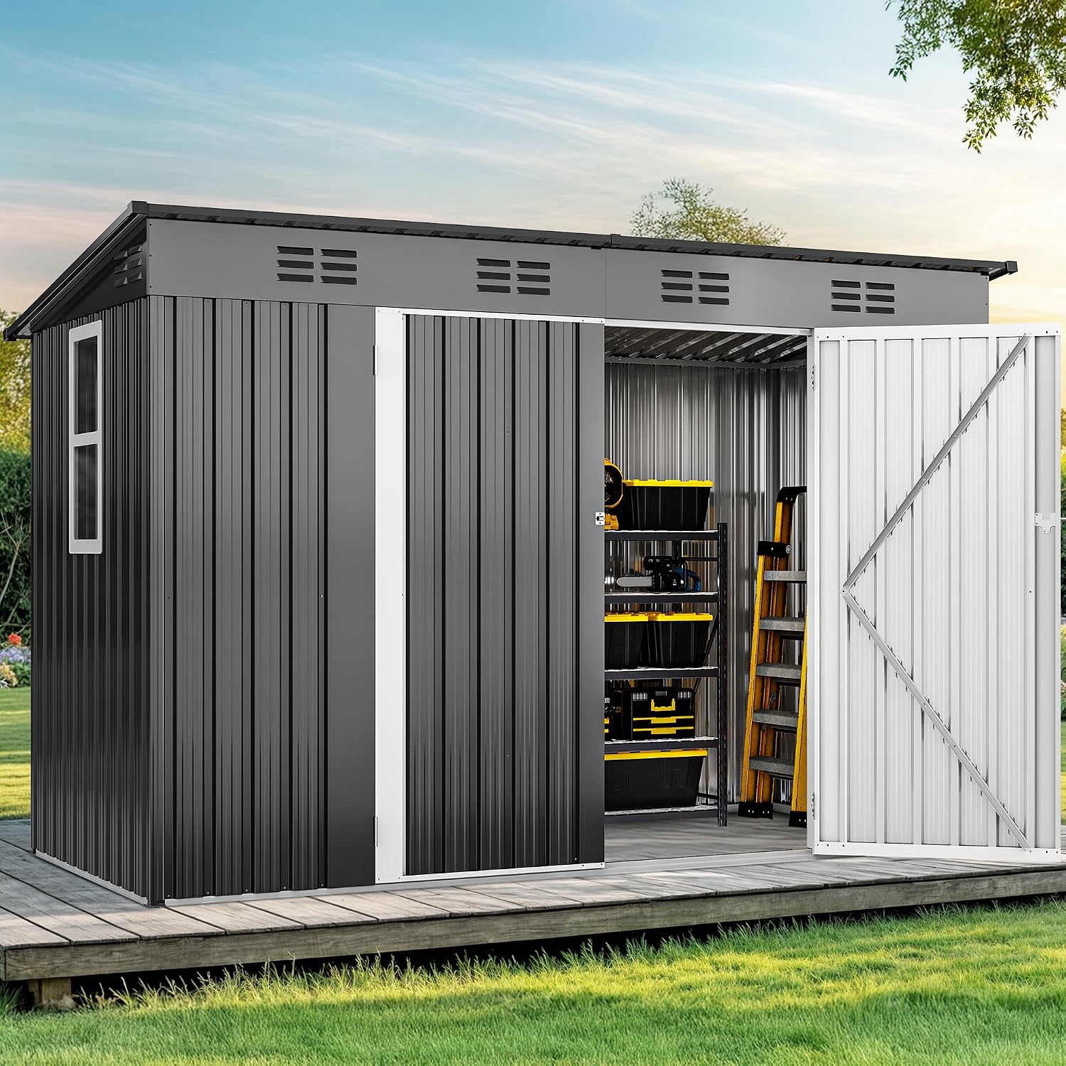 Outdoor Furniture With Storage - โรงเก็บของกลางแจ้งขนาด 9' x 4' พร้อมหน้าต่าง, ประตูคู่ที่ล็อคได้,