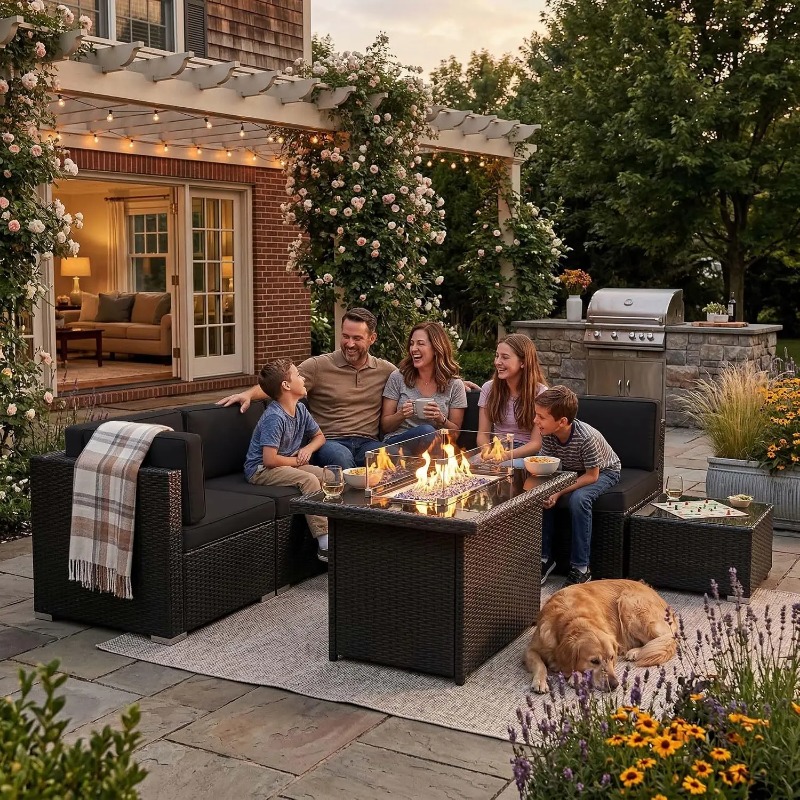 Outdoor Furniture With Fire Pit Table - ชุดโซฟาหวายสำหรับลานกลางแจ้ง 8 ชิ้น พร้อมโต๊ะเตาผิงแก๊สขนาด 44 นิ้ว