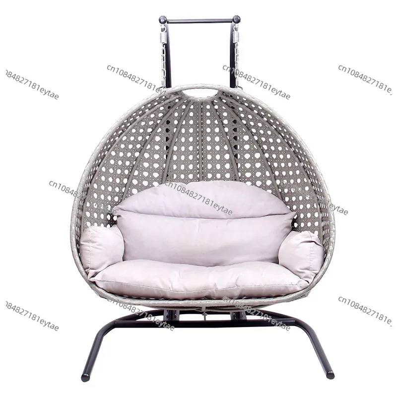Outdoor Furniture Grey - เก้าอี้หวายเทียมสีเทาแบบแขวนสำหรับ 2 ที่นั่ง สไตล์โมเดิร์น สำหรับสวนหรือระเบียง พร้อมขาตั้ง