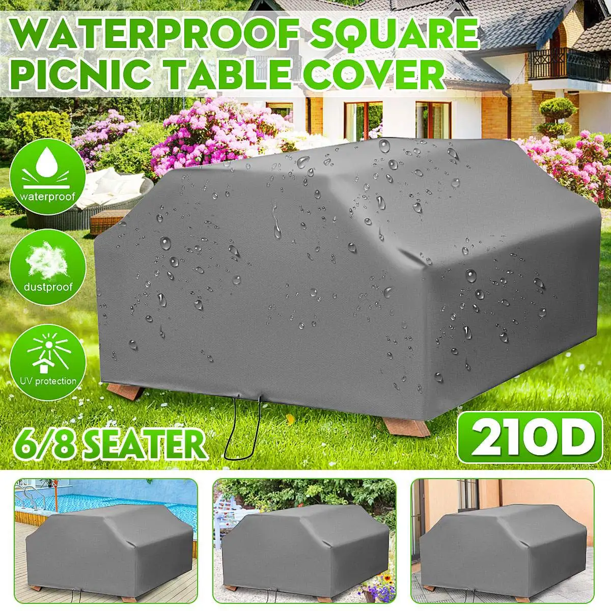 Outdoor Furniture Grey - 210D สำหรับโต๊ะปิคนิค6/8ที่นั่งผ้าคลุมเก้าอี้สีเทากันน้ำกันฝุ่นในสวนเฟอร์นิเจอร์ผ้าปูโต๊ะแบบยืดหยุ่นผ้าคลุมสี่เหลี่ยม