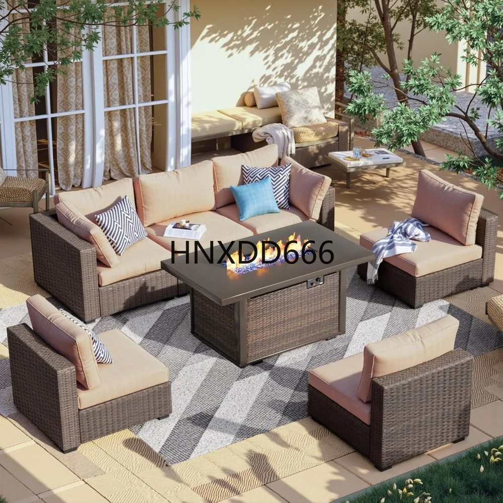 Outdoor Furniture With Fire Pit Table - ชุดเฟอร์นิเจอร์ลานบ้าน 7 ชิ้น พร้อมโต๊ะเตาผิง ชุดโซฟาสำหรับนั่งพูดคุยกลางแจ้งพร้อมโต๊ะกาแฟ