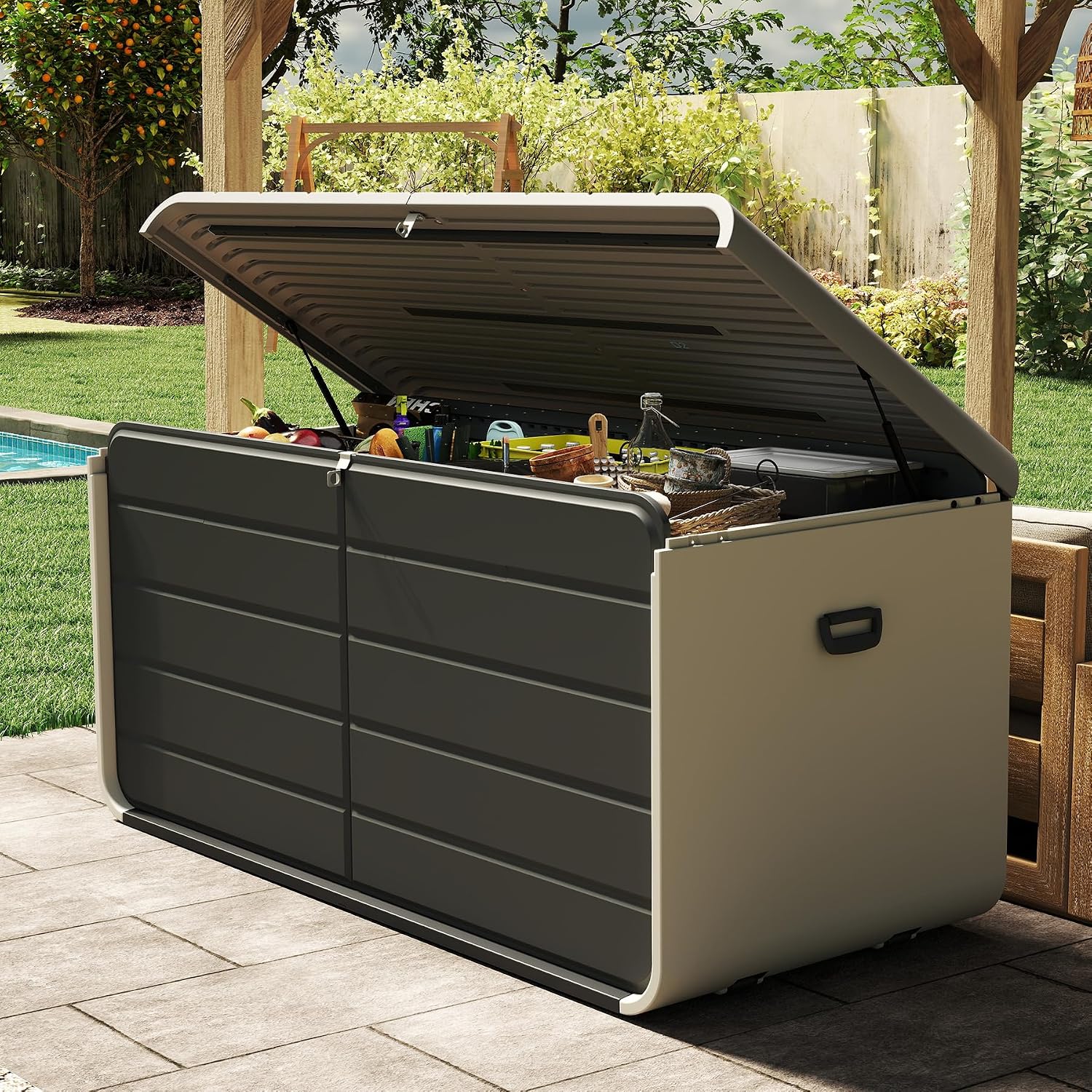 Outdoor Furniture With Storage - กล่องเก็บของในร่มและกลางแจ้งขนาด 200 แกลลอน กล่องเก็บของขนาดใหญ่กันน้ำทำจากเรซิ่น พร้อมฝาปิดล็อคได้ ทนทานต่อสภาพอากาศ