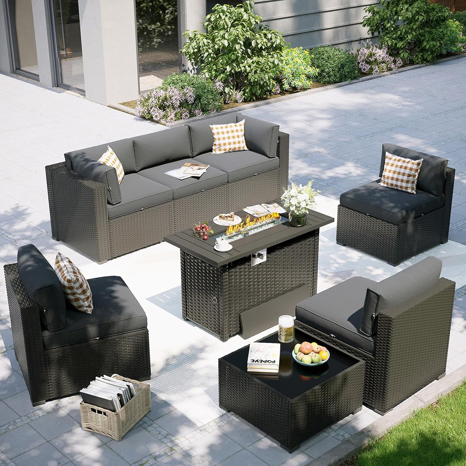 Outdoor Furniture With Fire Pit Table - ชุดเฟอร์นิเจอร์ลานบ้านพร้อมโต๊ะเตาผิง, โซฟาแบบแยกส่วนกลางแจ้ง 8 ชิ้น, เฟอร์นิเจอร์หวายกลางแจ้ง, ปรับแต่งได้
