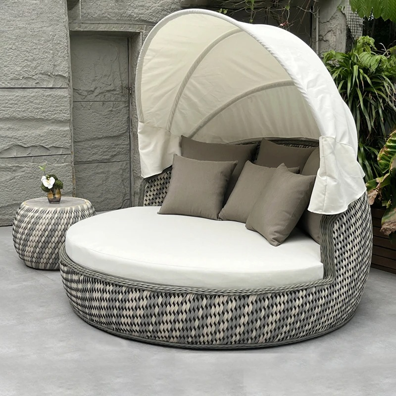 Outdoor Furniture Lounge Set - เตียงนอนกลางวัน, โซฟาหวายทรงกลมกันรังสียูวี, โซฟาหวายแบบมีหลังคา, เตียงอาบแดดกลางแจ้ง, เฟอร์นิเจอร์สระว่ายน้ำโรงแรมแบบสั่งทำพิเศษ