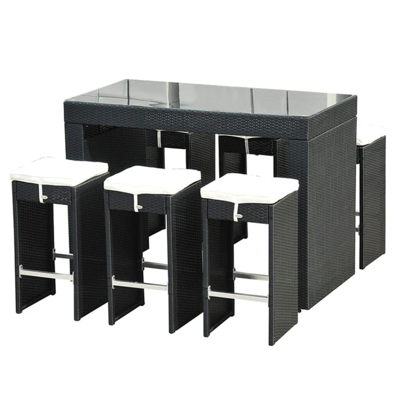 Outdoor Furniture Europe - ชุดโต๊ะบาร์หวาย 7 ชิ้น ชุดรับประทานอาหารหวายสำหรับสวน 1 โต๊ะ