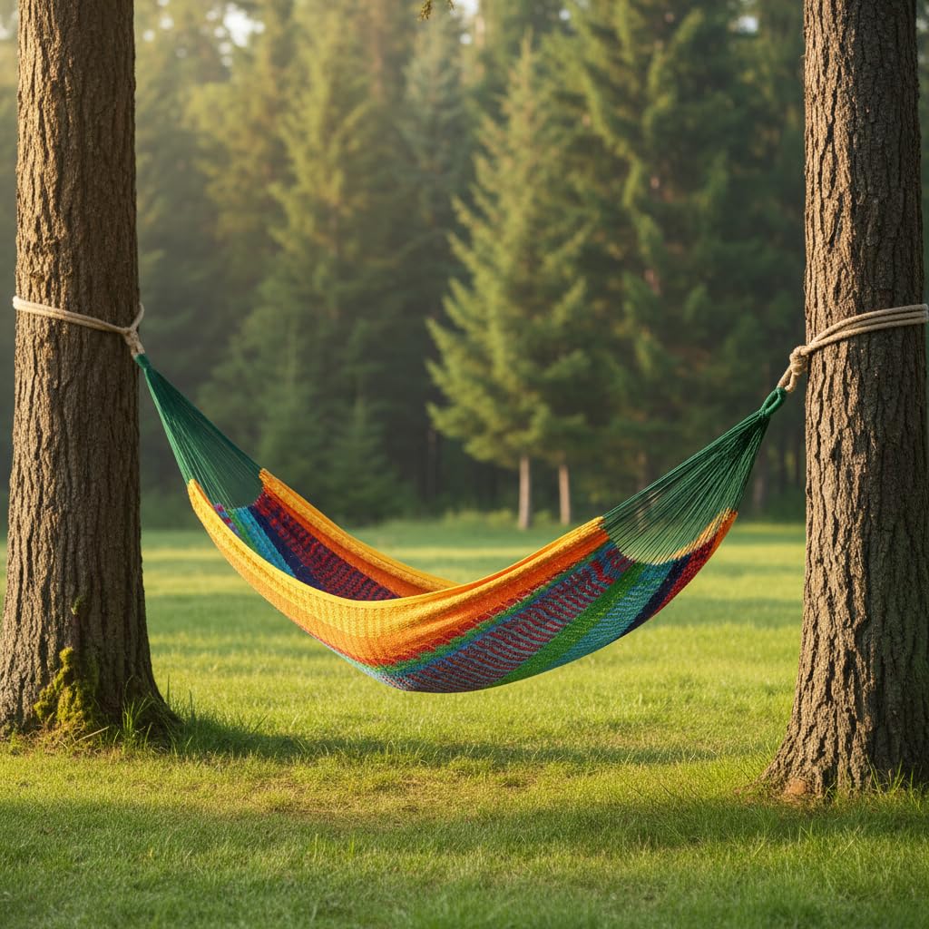 Outdoor Furniture Green - เปลญวนคู่ลายทางสีเขียว แดง และเหลือง พร้อมแถบกันรั่ว สำหรับลานกลางแจ้งหรือสวนหลังบ้าน ขนาด
