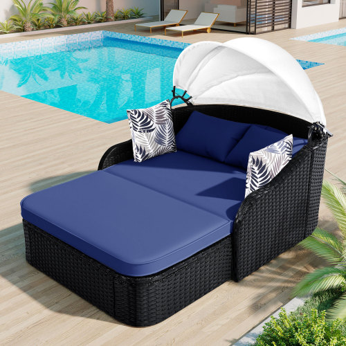 Outdoor Daybed Furniture - เตียงอาบแดดกลางแจ้งขนาด 79.9 นิ้ว พร้อมหลังคาปรับได้ - เตียงหวาย