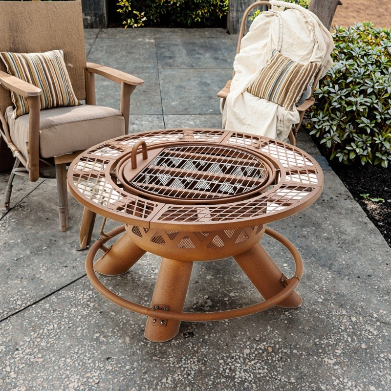 Outdoor Furniture With Fire Pit Table - ชุดเตาบาร์บีคิวและเตาไฟอเนกประสงค์กลางแจ้ง รุ่นปี 2026 ทำจากเหล็กเคลือบผง ทนทาน พกพาสะดวก