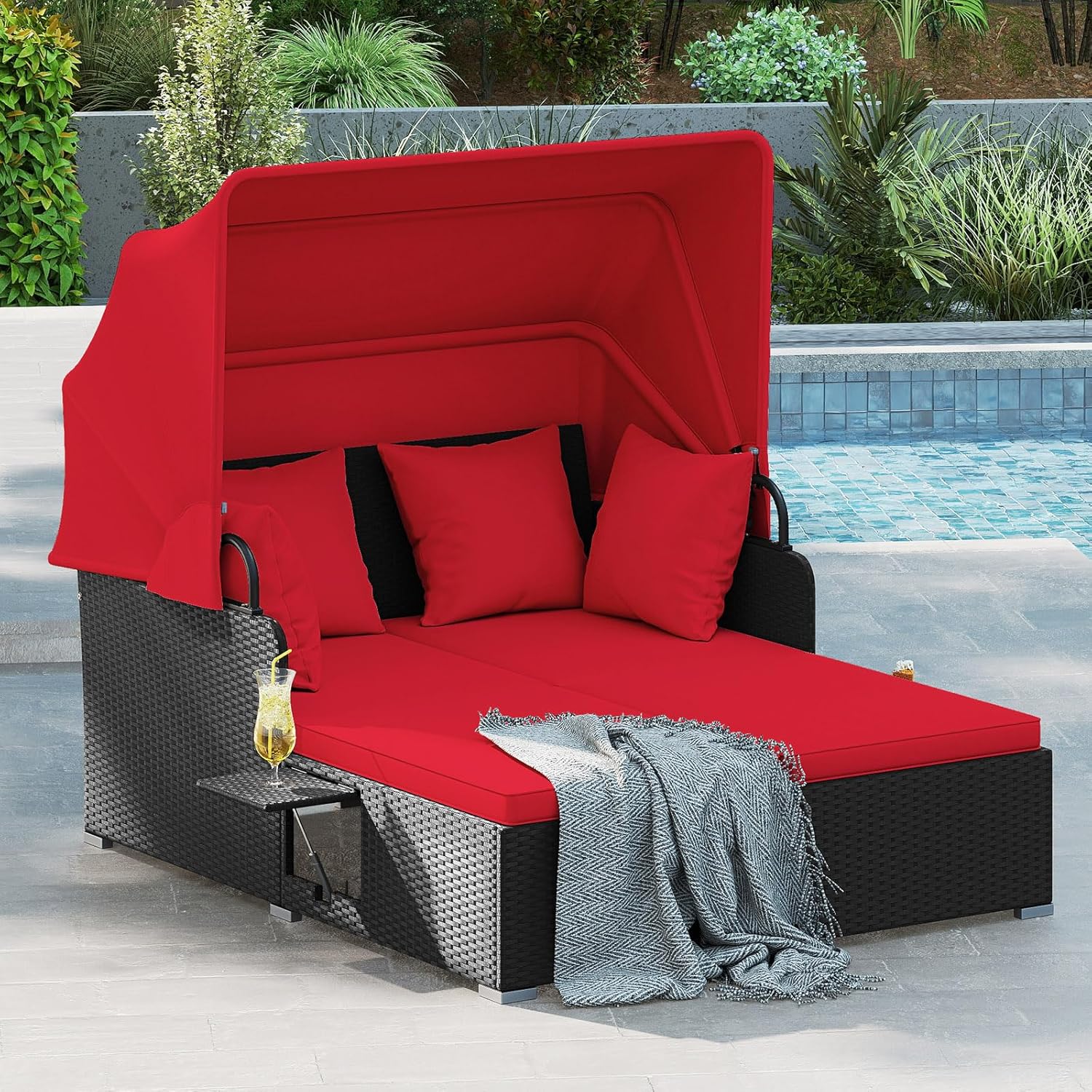 Outdoor Daybed Furniture - เตียงนอนกลางแจ้งหวายสำหรับ 2 คน พร้อมหลังคา หมอนอิง 4