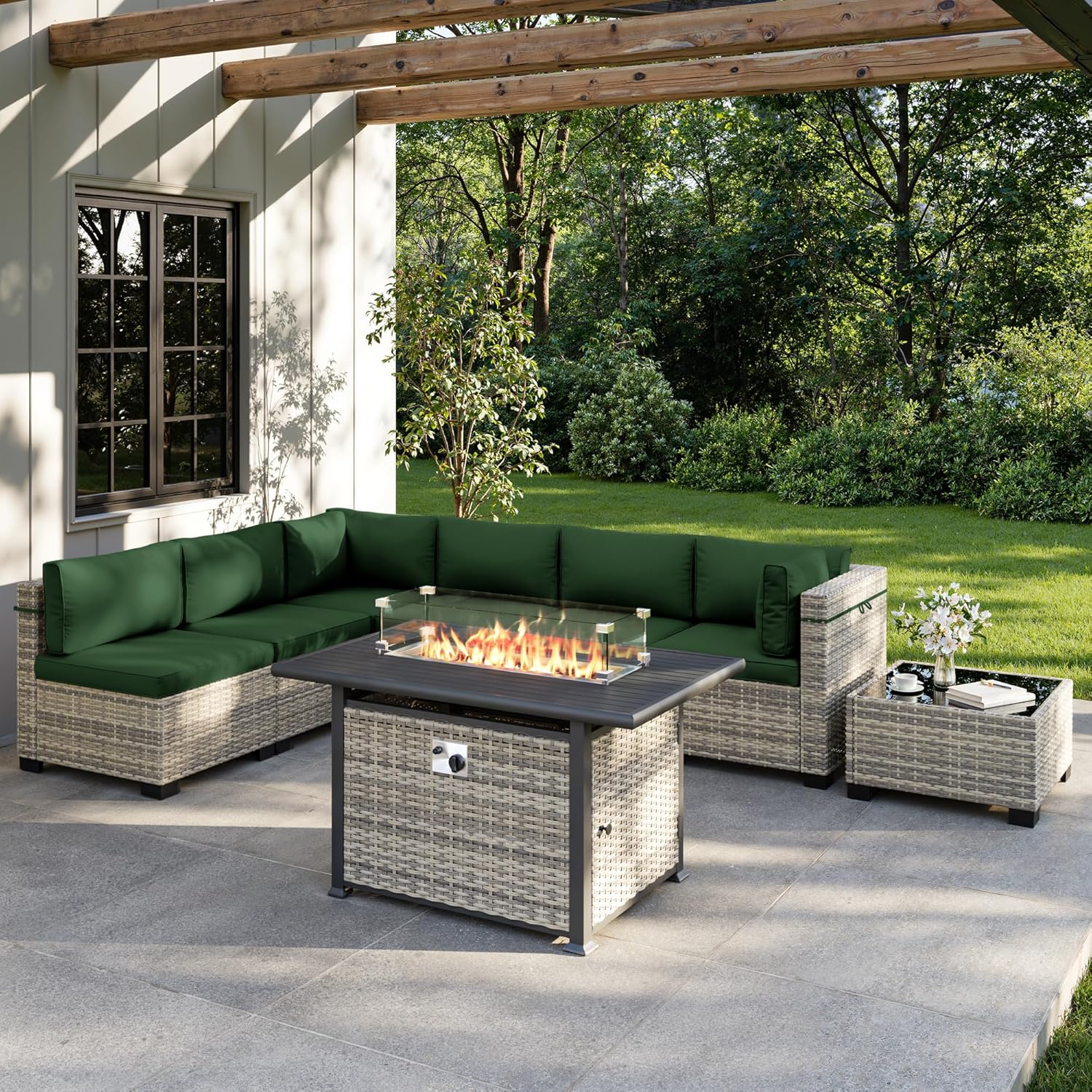 Outdoor Furniture With Fire Pit Table - ชุดเฟอร์นิเจอร์กลางแจ้ง 8 ชิ้น พร้อมโต๊ะเตาผิง 55,000 BTU,