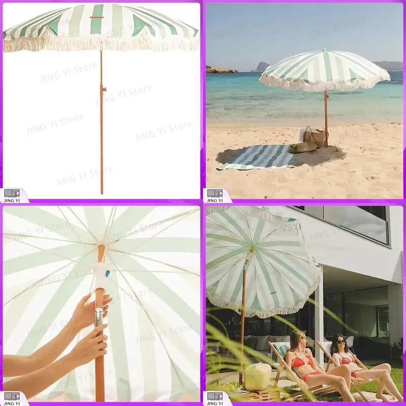 Outdoor Furniture Green - ร่มชายหาดแบบพกพาสีเขียวและสีขาวลายทางพร้อมชายครุย สำหรับป้องกันแสงแดดกลางแจ้ง สวน ระเบียง ลานบ้าน พักผ่อน
