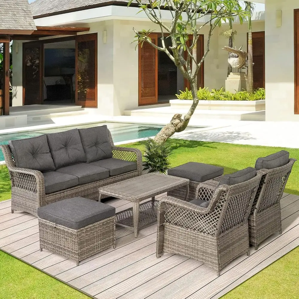 Outdoor Furniture Grey - ชุดเฟอร์นิเจอร์ระเบียงกลางแจ้ง 6 ชิ้น สีเทา พร้อมโซฟาแบบแยกส่วน โต๊ะกาแฟ