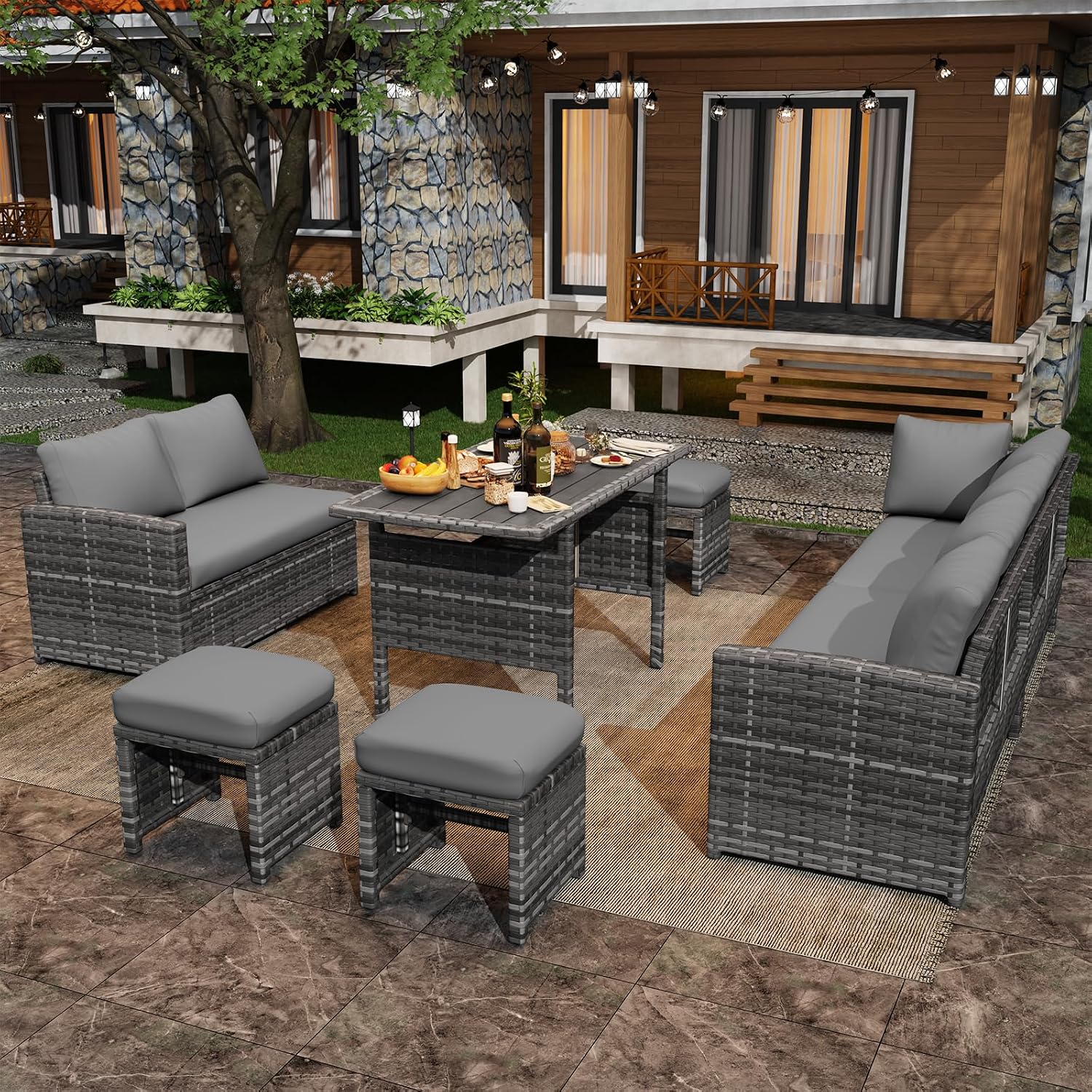 ชุดโซฟาหวายกลางแจ้ง 7 ชิ้น, โต - Outdoor Furniture Grey บทวิจารณ์และราคา