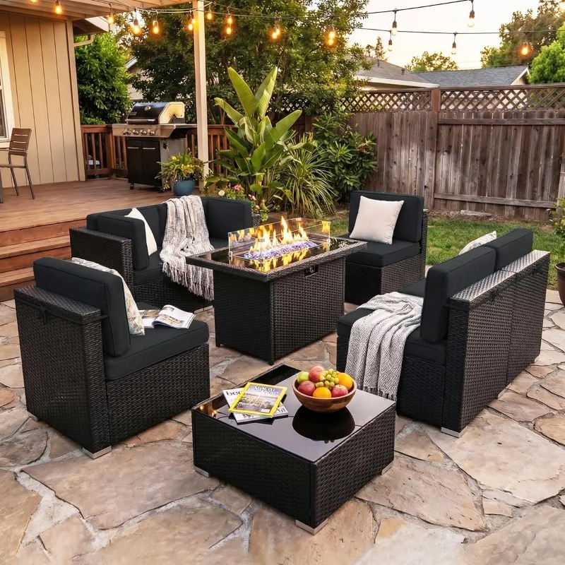 ชุดโซฟาหวายสำหรับลานกลางแจ้ง 8 - Outdoor Furniture With Fire Pit Table บทวิจารณ์และราคา