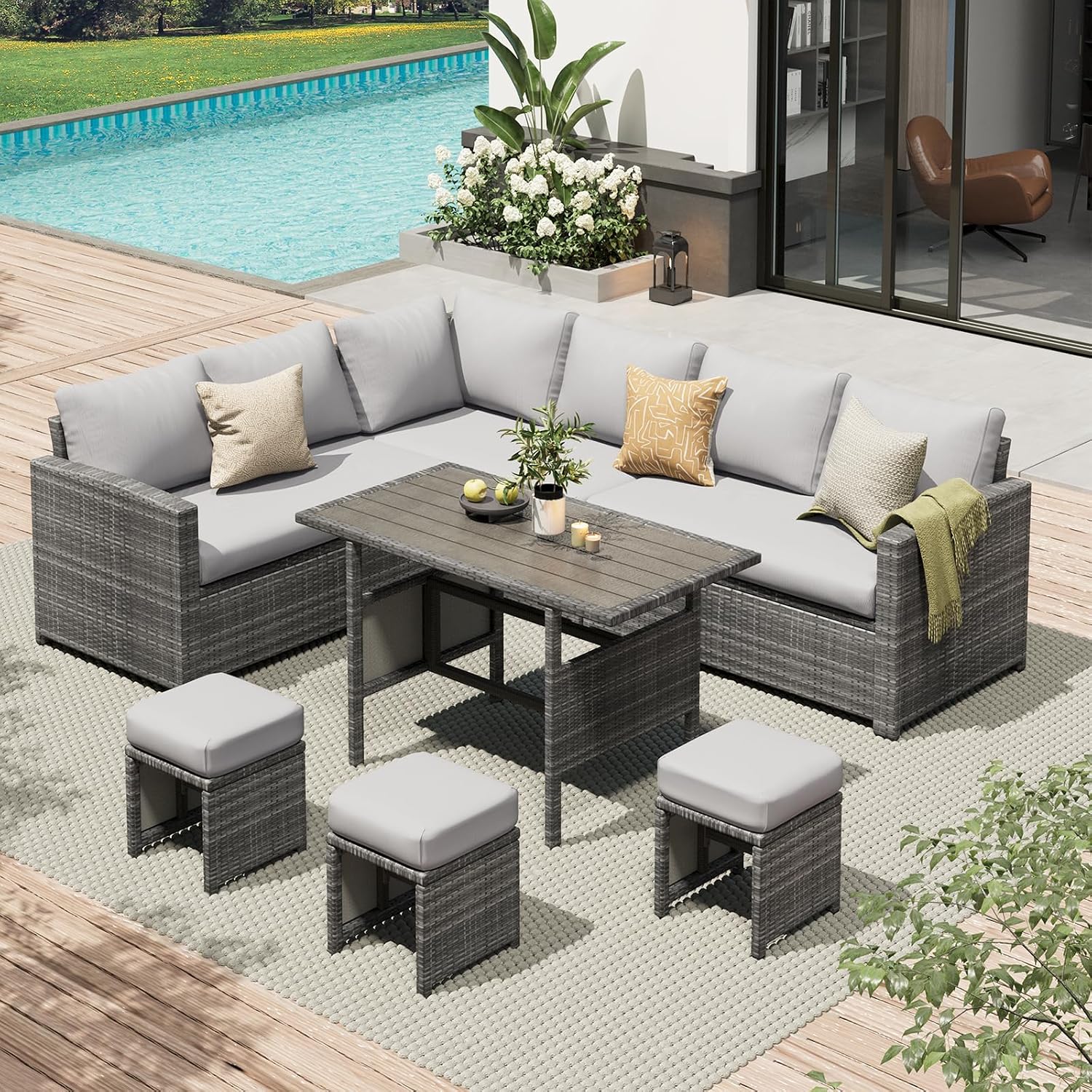 ชุดโซฟาและโต๊ะรับประทานอาหารกล - Outdoor Furniture Grey บทวิจารณ์และราคา